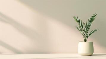 Minimalistic Clean Design Green Plant in White Pot with Soft Natural Shadows on Light Background for Modern Interiors and Tranquil Spaces photo
