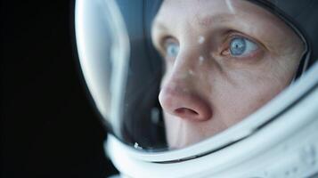 Close-Up of Focused Astronaut in Space Helmet Examining Stars with Determined Expression, Blue Eyes, Space Helmet Reflection, Dark Background, Space Exploration, Mission Preparation, Human Spaceflight photo