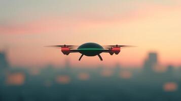 Futuristic Drone in Flight Against Soft Sunset Skyline, Capturing Modern Cityscape, Advanced Technology Concept, Smooth Gradient Background, Aerial Innovation Scene photo