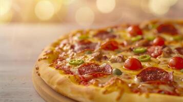 Close-Up of Delicious Pepperoni Pizza with Cherry Tomatoes, Green Peppers, and Melted Cheese on Wooden Platter, Background with Bokeh Lights, Perfect for Food and Holiday Themes photo