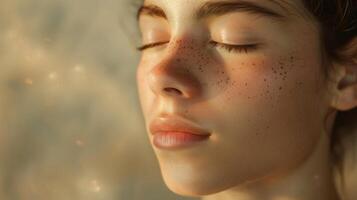 Close-Up Portrait of a Serene Woman with Freckles Relaxing in Natural Sunlight with Eyes Closed, Emphasizing Tranquility and Peace in a Warm Setting, Ideal for Mindfulness and Wellness Concepts photo