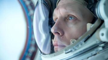 Astronaut in Space Suit Helmet Reflecting Earth, Focused in Space Capsule Window, Detailed Realistic Space Exploration, Inner Reflection, Future Technology, Outer Space Mission Concept photo