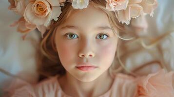 Portrait of Young Girl with Flower Crown in Soft Light, Child with Blond Hair and Green Eyes Delicate Blossoms Whimsical Expression Pastel Pink Tones Angelic and Ethereal Joy and Innocence Captured photo
