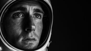 Astronaut in Space Suit Helmet with Reflective Visor in Monochrome Profile View, Isolated Against Black Background Capturing Deep Gaze of Space Explorer, Emphasizing Human Emotion in Space Exploration photo