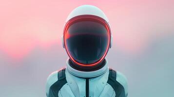 Futuristic Astronaut Helmet with LED Lights in Outer Space Styled Simulation at Dawn Horizon Background for Sci-Fi Themes and Space Exploration Designs photo