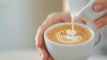 Barista Hands Pouring Steamed Milk into Latte Art in White Cup Close Up, Focus on Coffee and Milk Foam Design, Warm and Inviting Beverage, Perfect for Breakfast or Cafe, Coffee Shop Aesthetic photo
