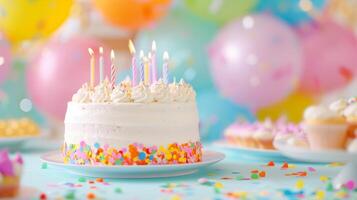 Birthday Celebration With Colorful Balloon Decorations and Delicious Cake with Lit Candles and Sprinkles in Festive Party Atmosphere photo