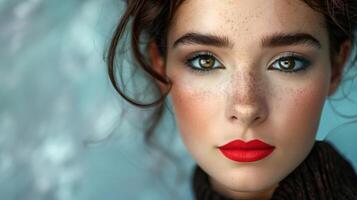 Portrait of a Fashion Model with Bold Makeup and Intense Gaze, Featuring Red Lips, Freckles, and Highlighted Eyes, On Soft Blue Background, Perfect for Beauty, Fashion, Editorial, and Makeup Themes photo