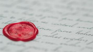Close-Up of Red Wax Seal on Handwritten Document with Cursive Letters, Symbolizing Authenticity, Tradition, and Legal Formality photo