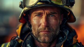 Portrait of a Firefighter in Full Gear Heroic and Determined Amidst Fire and Smoke Close-Up with Intense Gaze Highlighting Bravery and Courage in Emergency Situations photo