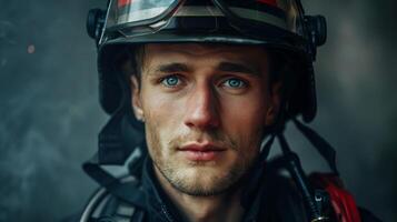 Brave Firefighter in Full Gear with Determined Expression Ready for Action Close-Up Portrait Heroic Rescuer Safety Emergency Service Worker Courageous Man in Uniform Fire Helmet Firefighting Equipment photo