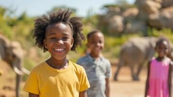 Smiling African American Children Enjoying a Day at the Zoo with African Elephants in Background, Sunny Day, Outdoor Family Fun Happy Expressions, Blurred Background Natural Habitat Wildlife Adventure photo