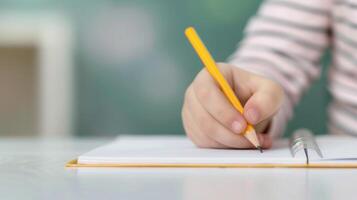 Close-Up of Child's Hands Writing with Pencil on Notebook in Classroom Setting, Education Concept, Back to School Preparation, Learning and Studying, Homeschooling, Early Childhood Development photo
