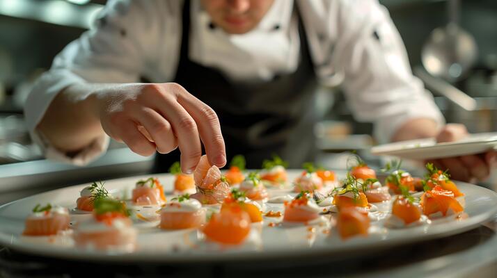 Chef Adding Final Touches to Gourmet Salmon Appetizers in Restaurant Kitchen