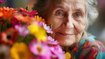 Senior Woman Smiling Amidst Colorful Flowers, Close-Up Portrait Warm Expression, Authentic Beauty Natural Lighting Joyful Elderly Lady Vibrant Bloom Celebrating Life Autumn Inspiration Cozy Atmosphere photo