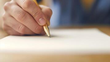 Detailed Close-Up of a Person's Hand Holding a Yellow Pen While Writing on White Paper Capturing Focus and Precision in a Calm Setting Emphasizing Clean Lines and Natural Light, Office or Study Themes photo