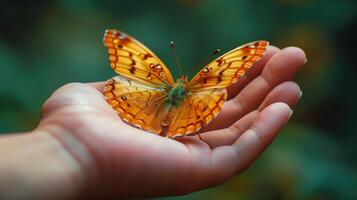 Close-Up of a Hand Gently Holding a Delicate Butterfly with Orange and Black Markings in Natural Light and Soft Focus Background Emphasizing Connection Between Human and Nature Conservation photo