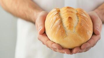 Freshly Baked Artisan Bread Held in Hands Against a Light Background, Highlighting the Texture and Golden Crust of the Loaf photo