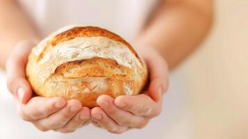 Freshly Baked Artisan Bread Held in Hands, Home Baking, Rustic, Close-Up, Healthy Food, Warm and Inviting, Soft Focus Background photo