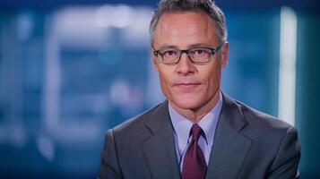 News Anchor Delivering Broadcast in Studio with Professional Attire and Glasses, Focused Expression, Depth of Field Effect, Modern Media Environment, Corporate Look, Breaking News, Media Presentation photo