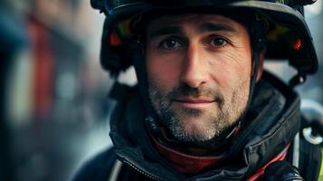 Brave Firefighter in Full Gear, Focused Expression, Ready for Action, Protecting Community, Courageous and Determined Fireman, Portrait of Fire Service Hero, Resilient First Responder photo