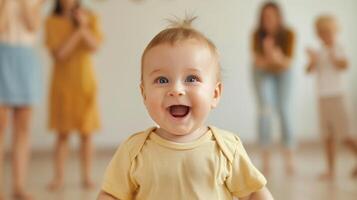 Happy Baby Taking First Steps with Family in Background, Blurred Motion, Excited Baby Boy Learning to Walk, Smiling Infant Close-Up Child Development Milestone Supportive Family, Soft Lighting Indoors photo