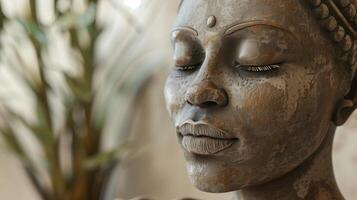 Meditating Sculpture with Closed Eyes, Peaceful Expression, Natural Background, and Earth Tones for Tranquil and Zen Design Concepts in Wellness and Art Themes, 3D Render photo