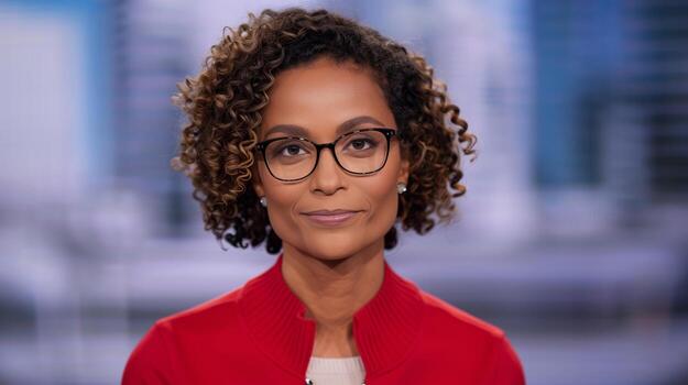 profesional Noticias ancla con Rizado pelo en rojo chaqueta y lentes en estudio configuración, grave expresión, enfocado ojos, antecedentes fuera de enfocar, capturado durante En Vivo transmitir sesión, noche Noticias foto