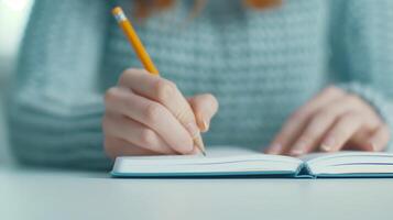 Student's Hands Writing with Pencil in Notebook, Concentration on Learning, Warm Knit Sweater, Modern Study Scene, Educational Concept, Detailed Hand Movement, Academic Environment photo
