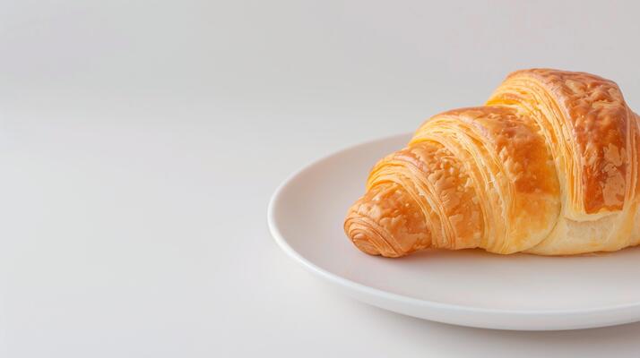 Fresh Golden Croissant on White Plate Against Minimalist Background Front View