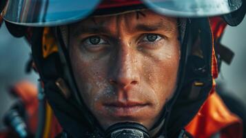 Portrait Of A Firefighter In Full Gear With Helmet Determined Expression And Safety Equipment Brave Firefighter Ready For Action With Precise Focus On Duty Professional Emergency Services Hero photo