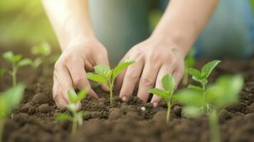 Hands Planting Seedlings in Soil in a Garden with Sunlight - Gardening, Nature, Growth, and Sustainability - Close-up View photo