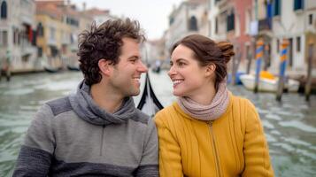 Romantic Couple Enjoying Gondola Ride in Venice, Italy, Smiling and Relaxing on Scenic Canal, Autumn Day with Historic Buildings and Water Reflection, Couples Travel, Italian Cityscape, Fall Romance photo
