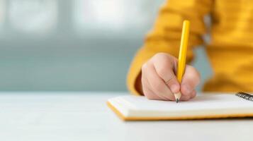 Close-Up of a Student's Hands Writing in a Notebook With a Yellow Pencil Wearing a Yellow Sweater Focus on Education Learning and Studying Classroom Environment Back to School Academic Success Concept photo