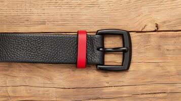 Close-Up of Black Leather Belt with Red Loop and Black Buckle on Rustic Wooden Background, High-Resolution Texture for Fashion and Accessories Design photo