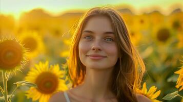 Young Woman Smiling in Sunflower Field at Golden Hour with Sunrays, Nature, Summer Season, Warm Tones, Outdoor Portrait, Natural Light, Countryside, Happiness, Radiant, Cheerful Expression, Landscape photo