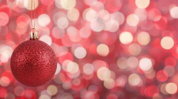 Red Glitter Christmas Ornament Hanging on Gold String with Red and White Bokeh Background photo