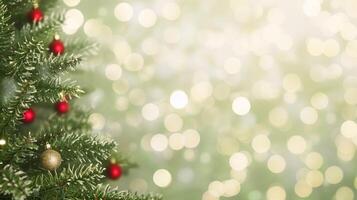 Christmas Tree Branches with Red and Gold Ornaments and Bokeh Lights in Soft Green Background photo