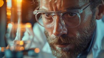 Focused Scientist in Laboratory with Safety Glasses Conducting Precise Scientific Experiment Under Warm Lighting Conditions in Modern Research Lab photo