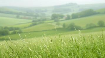 Serene Rolling Hills with Lush Green Meadows and Distant Forests on a Misty Day, Capturing the Tranquil Beauty of Nature in the Countryside photo