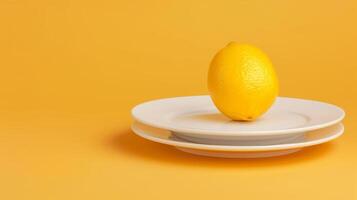 Minimalistic Composition of a Lemon on White Plates Against a Vibrant Yellow Background for Modern Food Photography and Design photo