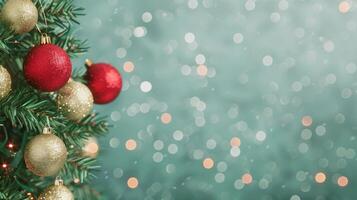 Festive Christmas Tree with Red and Gold Ornaments and Green Background with Bokeh Lights photo