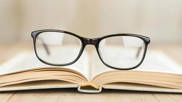 Black Reading Glasses Resting on an Open Book in Soft Focus Background, Ideal for Education, Learning, Reading, Literature, Study, Academics Knowledge Eye Care Vision Accessories, Intellectual Themes photo