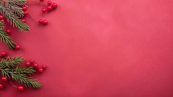 Festive Christmas Background with Red Berries and Pine Branches on Red Background photo
