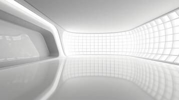 Futuristic Empty Room CopySpace with Wave Patterned Walls and Glossy White Surface, Abstract Modern Interior Design, Minimalistic Architectural Concept, Bright White Light, High-Tech Clean Space photo