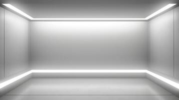 Modern Empty Futuristic Room with LED Strip Lights on Walls and Ceiling, Minimalist White Interior Design for Showrooms or High-Tech Spaces, Stylish Sleek Background for Virtual Sets or Presentations photo