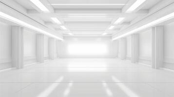 Bright White Futuristic Corridor with Symmetrical Architecture and Minimalistic Design Featuring Clean Lines, Recessed Lighting, and Reflective Surfaces in a Contemporary Space, Modern Interiors photo