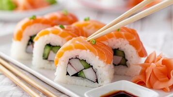 Close-Up Of Fresh Sushi Rolls With Salmon And Crab Stick Top View On White Plate With Chopsticks And Soy Sauce On White Background Ideal For Japanese Cuisine And Food Photography photo