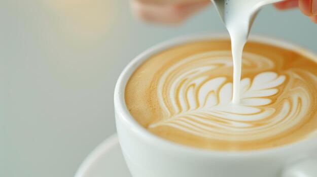 barista torrencial al vapor Leche dentro latté creando latté Arte en un blanco taza cerca arriba ver demostración detallado espuma patrones y suave superficie café tienda ajuste café industria y bebida promociones foto