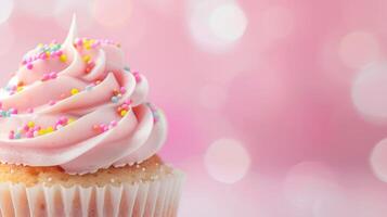 Beautifully Decorated Cupcake with Pink Frosting and Colorful Sprinkles Close Up Against Sparkling Pink Bokeh Background. Perfect Celebration Image for Birthdays, Weddings, and Festive Occasions photo